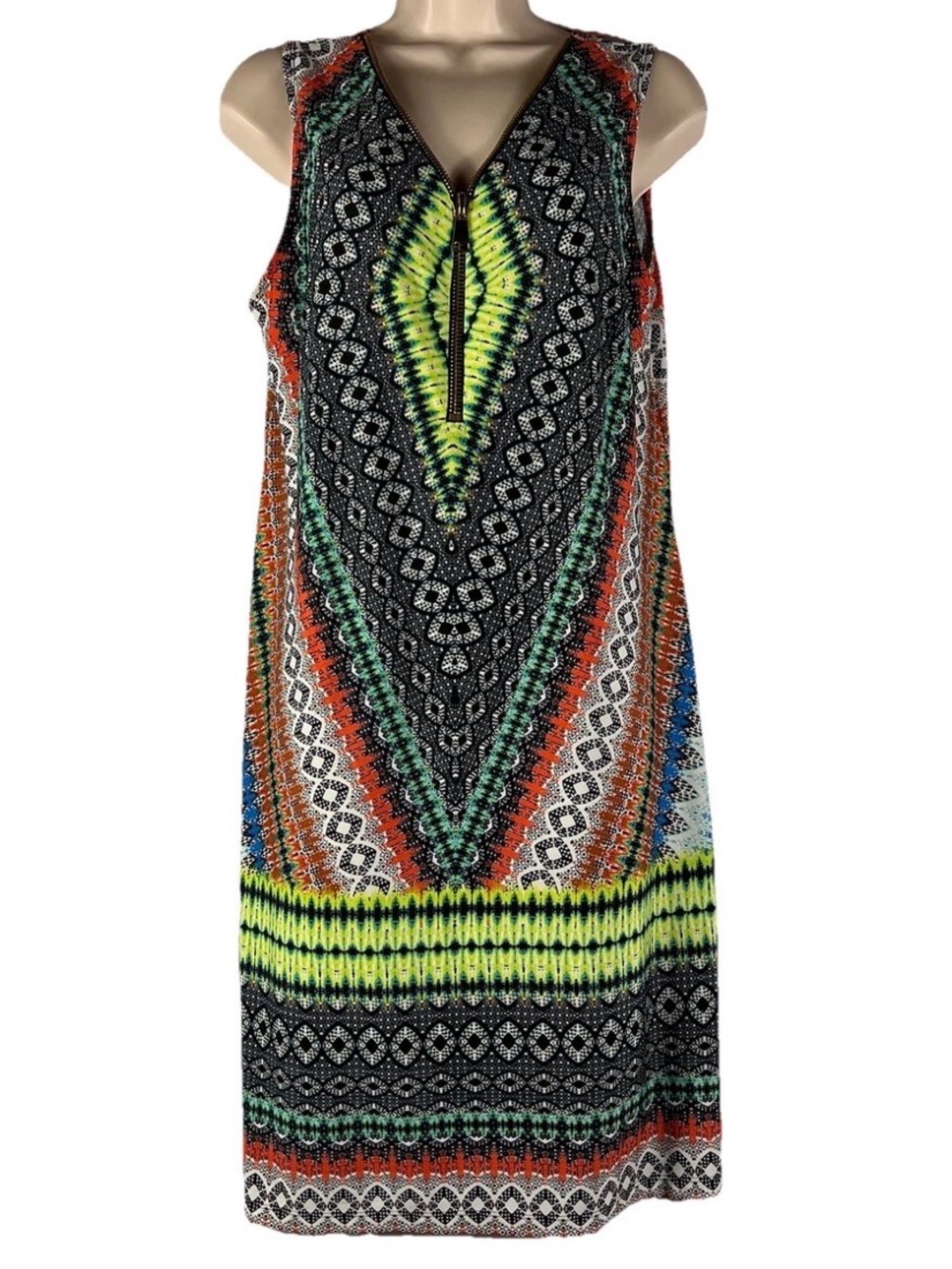 Chelsea & Theodore Neon Green, Orange & Blue V-Neck Zip Sleeveless Mini Dress